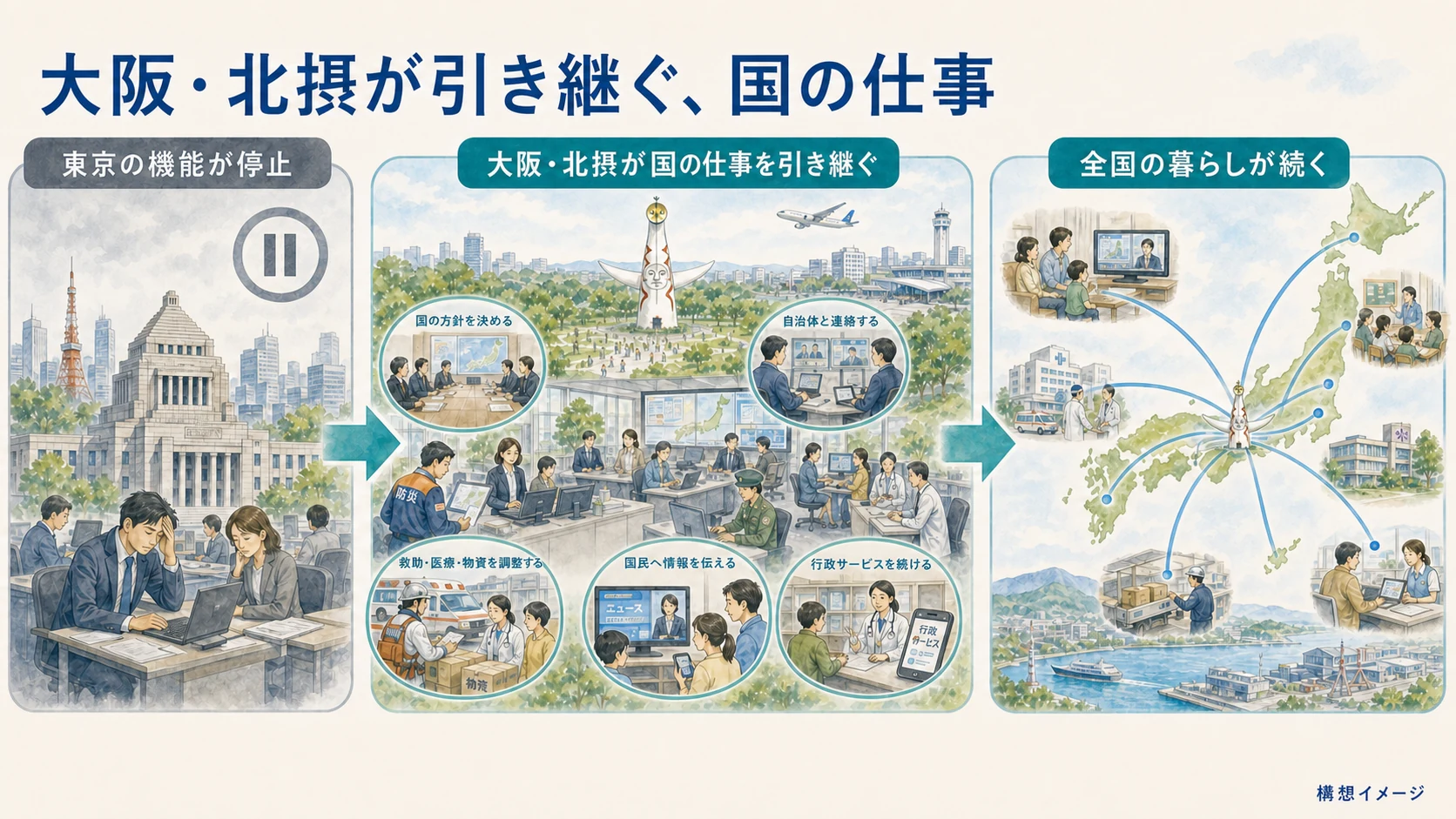 東京の機能が停止した際に、大阪・北摂が国の方針決定、自治体との連絡、救助・医療・物資の調整、情報発信、行政サービスを引き継ぐ構想図