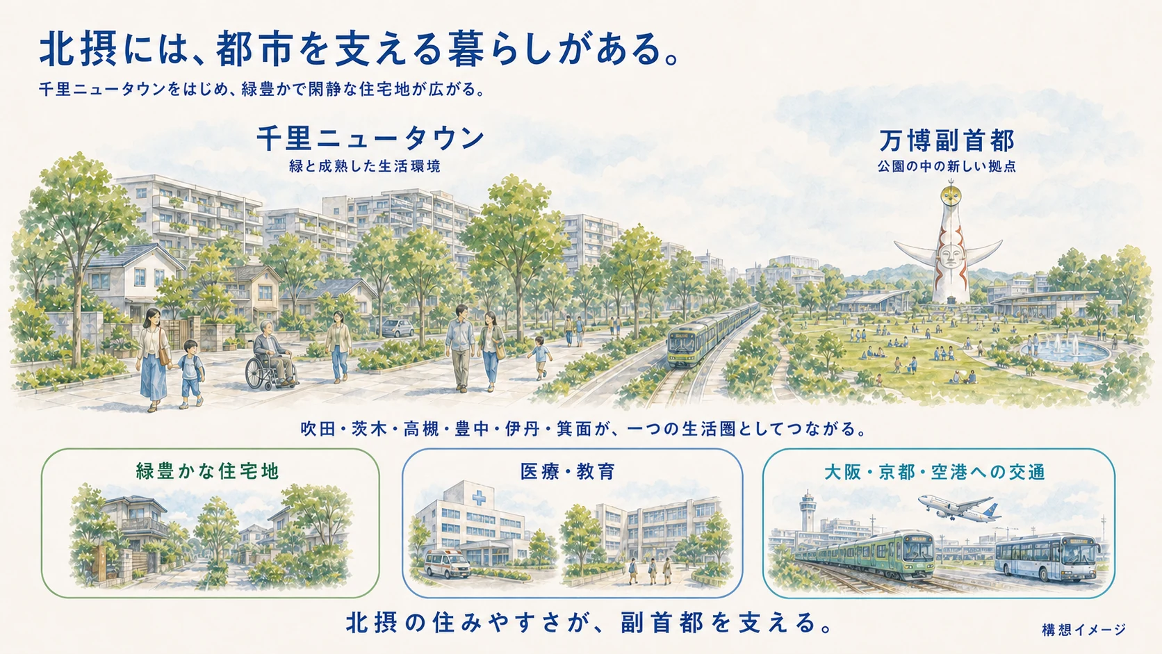 千里ニュータウンの緑豊かな住宅地と万博副首都、医療、教育、交通のつながり